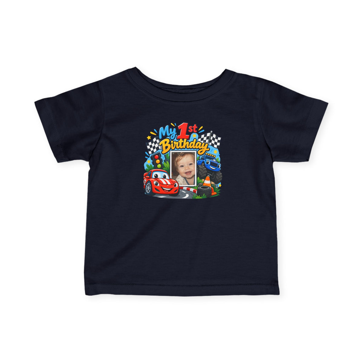 1st Birthday Photo Baby Shirt – Race Car Infant Tee | Personalized