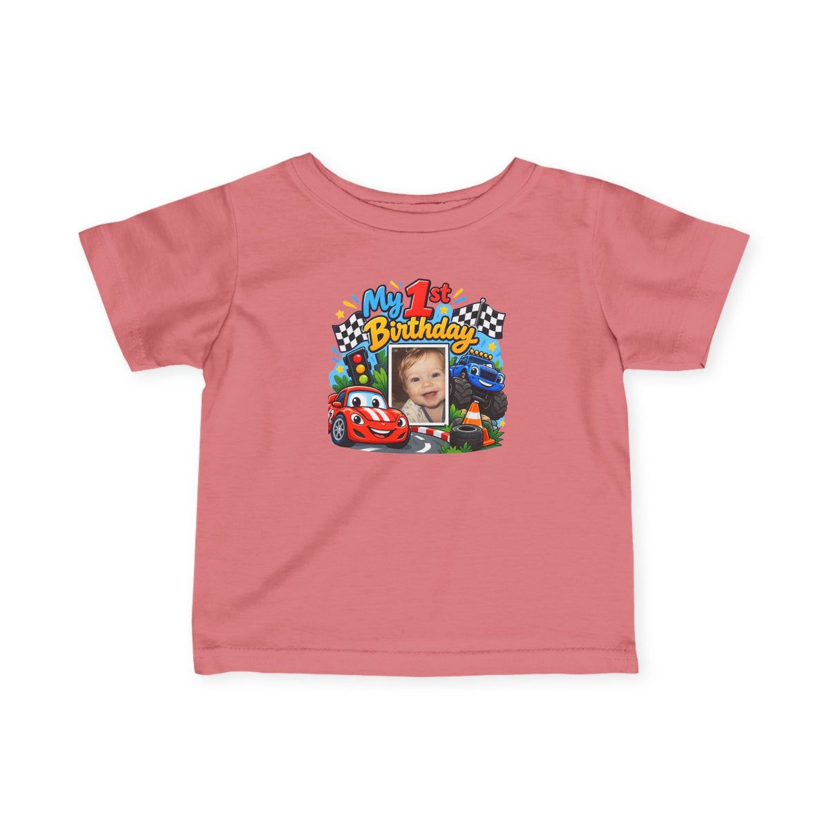 1st Birthday Photo Baby Shirt – Race Car Infant Tee | Personalized