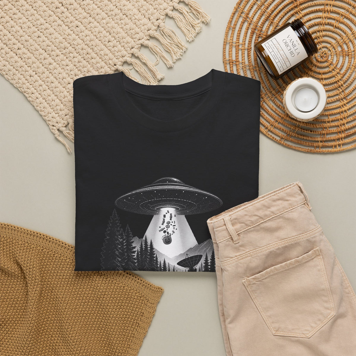 Halloween UFO T-Shirt – We’re Just Here for the Candy Alien Tee | Funny Alien Shirt