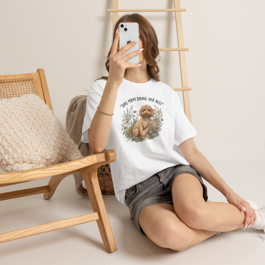 Dog Mom Tee — "Dog Mom Doing Her Best" Floral Goldendoodle Shirt