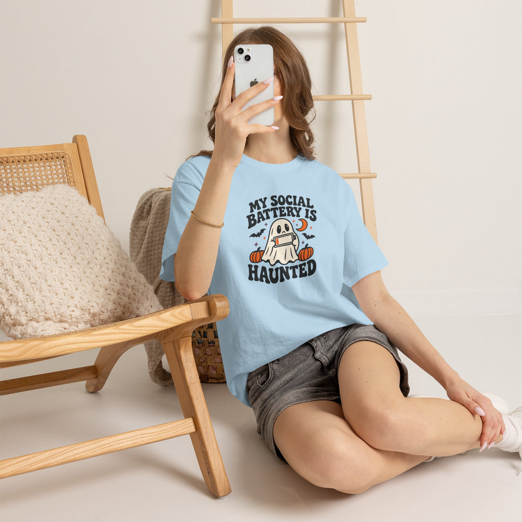Funny Halloween T-Shirt - My Social Battery's Haunted Ghost Tee | Introvert Gift