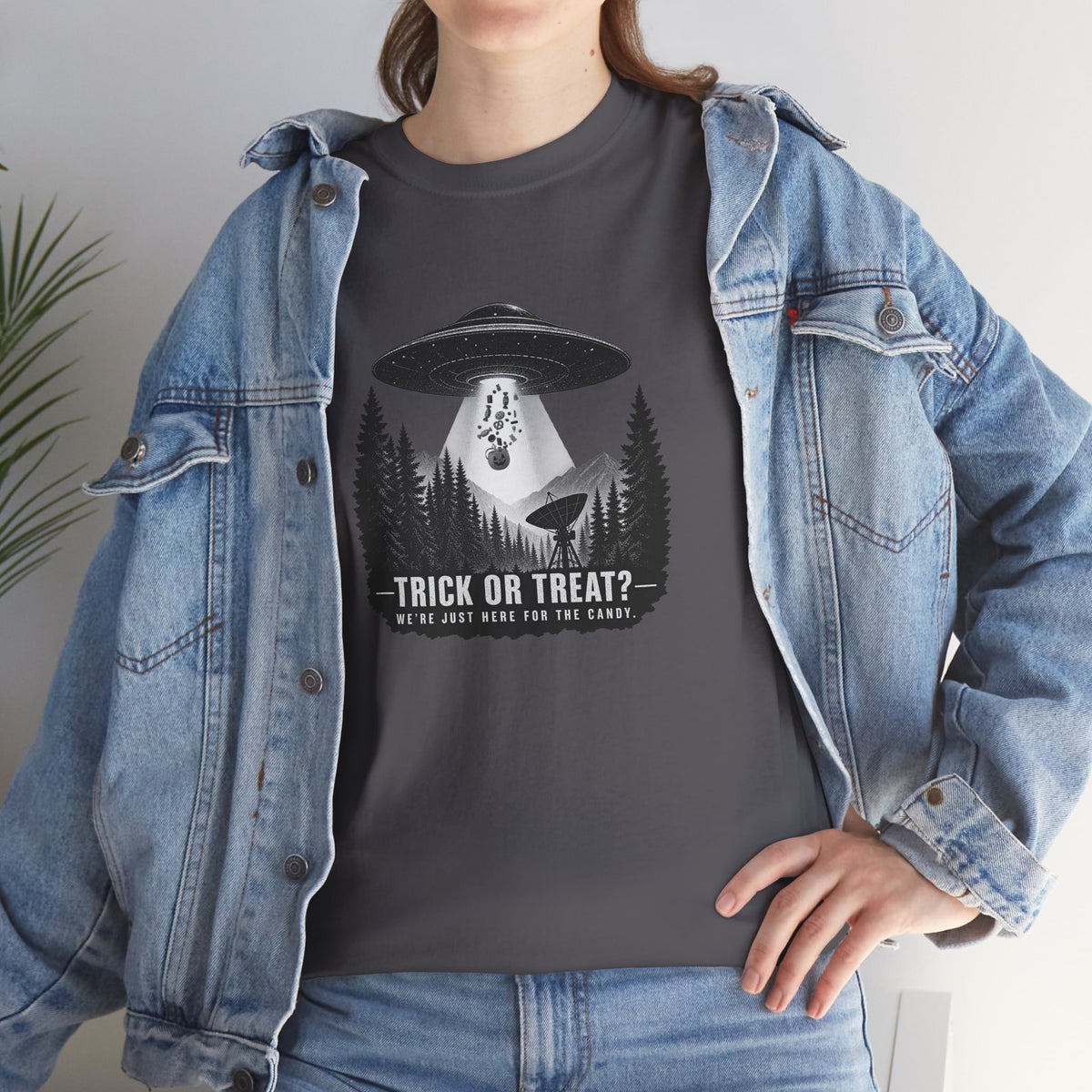 Halloween UFO T-Shirt – We’re Just Here for the Candy Alien Tee | Funny Alien Shirt