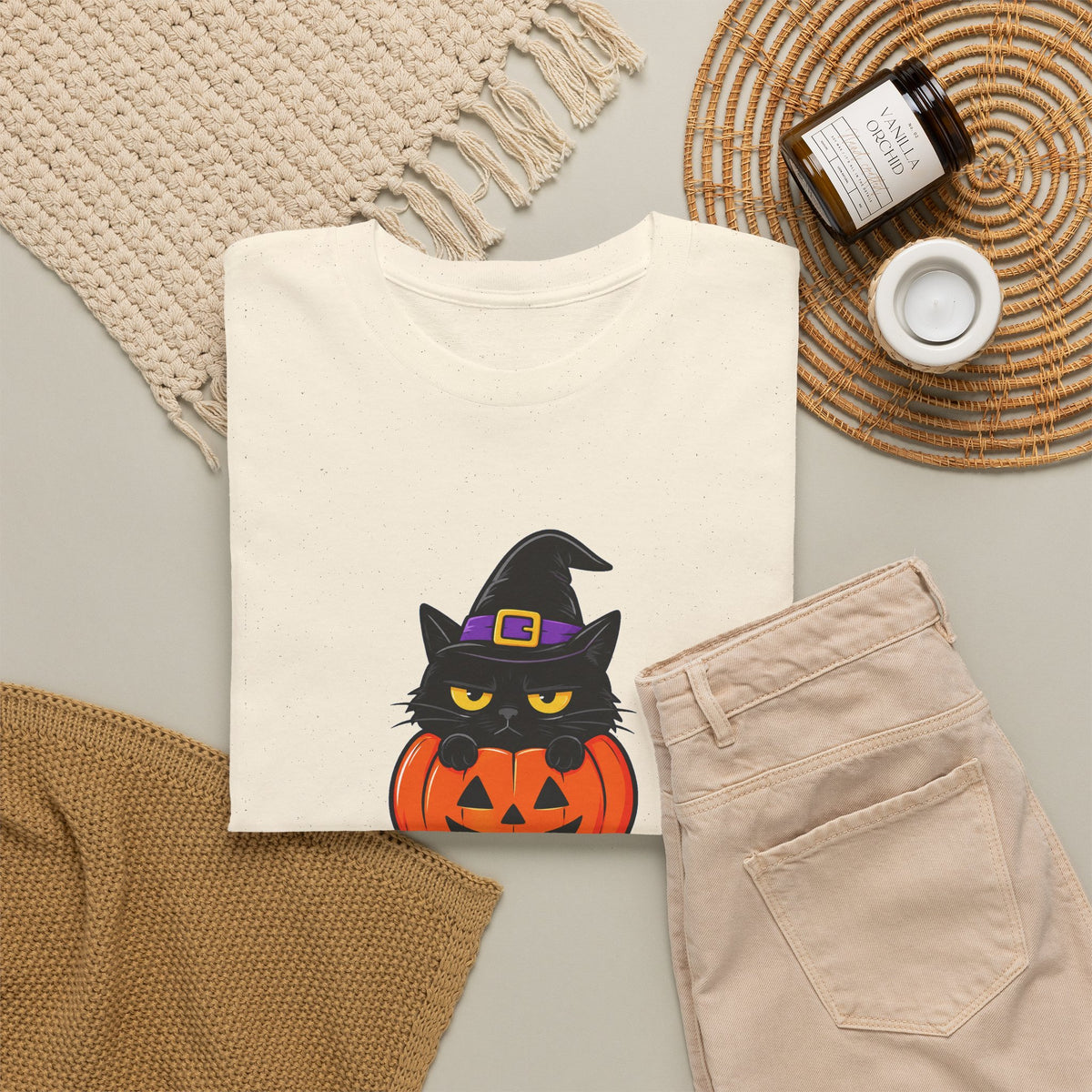Halloween Cat T-Shirt – I’m Just Here For The Treats Pumpkin Witch Tee