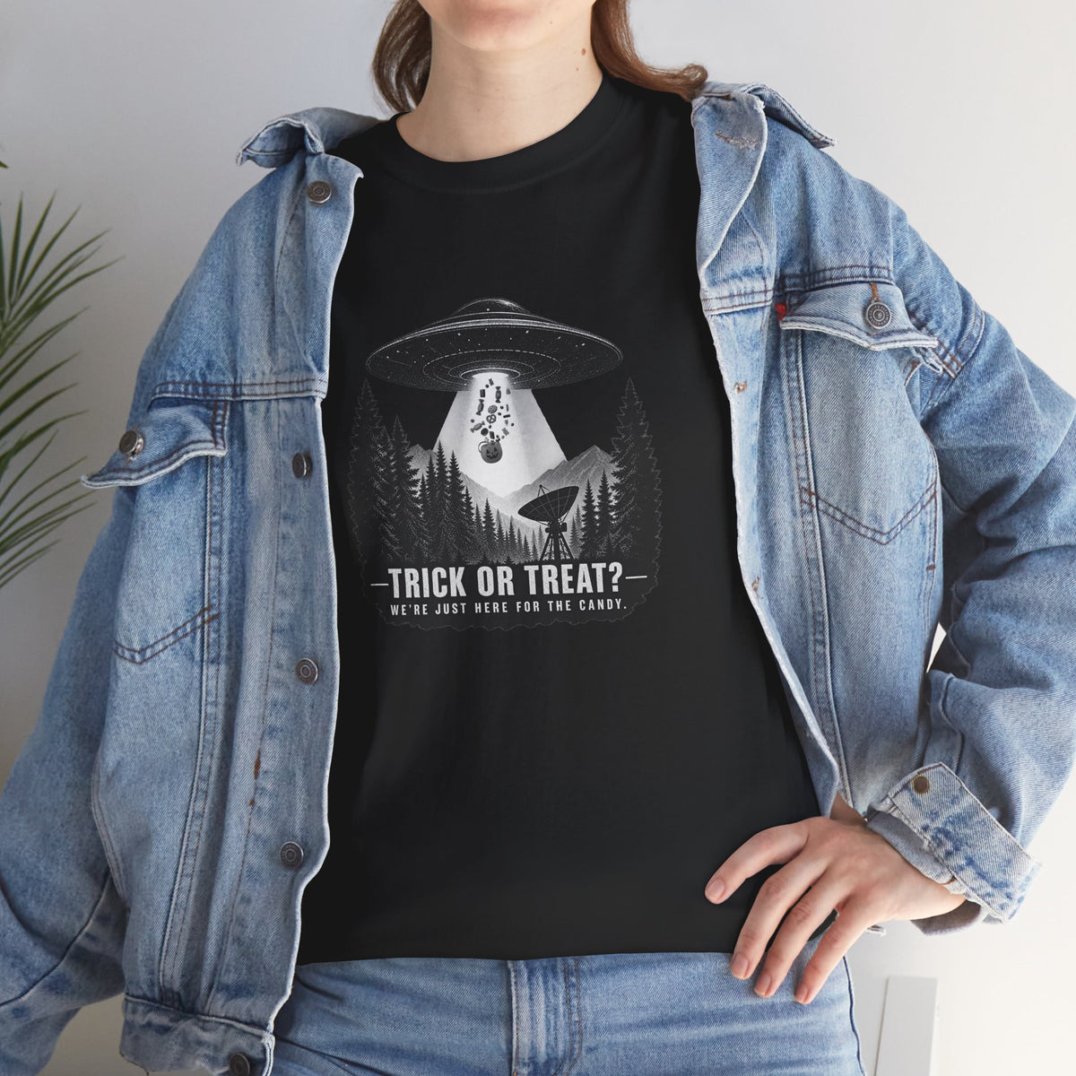 Halloween UFO T-Shirt – We’re Just Here for the Candy Alien Tee | Funny Alien Shirt