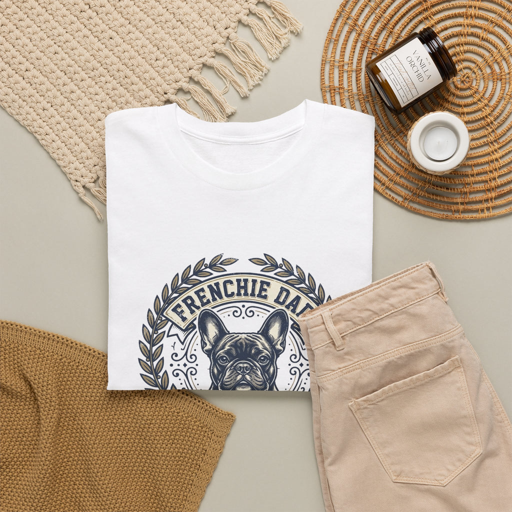 Frenchie Dad Est. 2020 T-Shirt – Vintage French Bulldog Badge Tee for Proud Dog Dads | Distressed Varsity Graphic Shirt