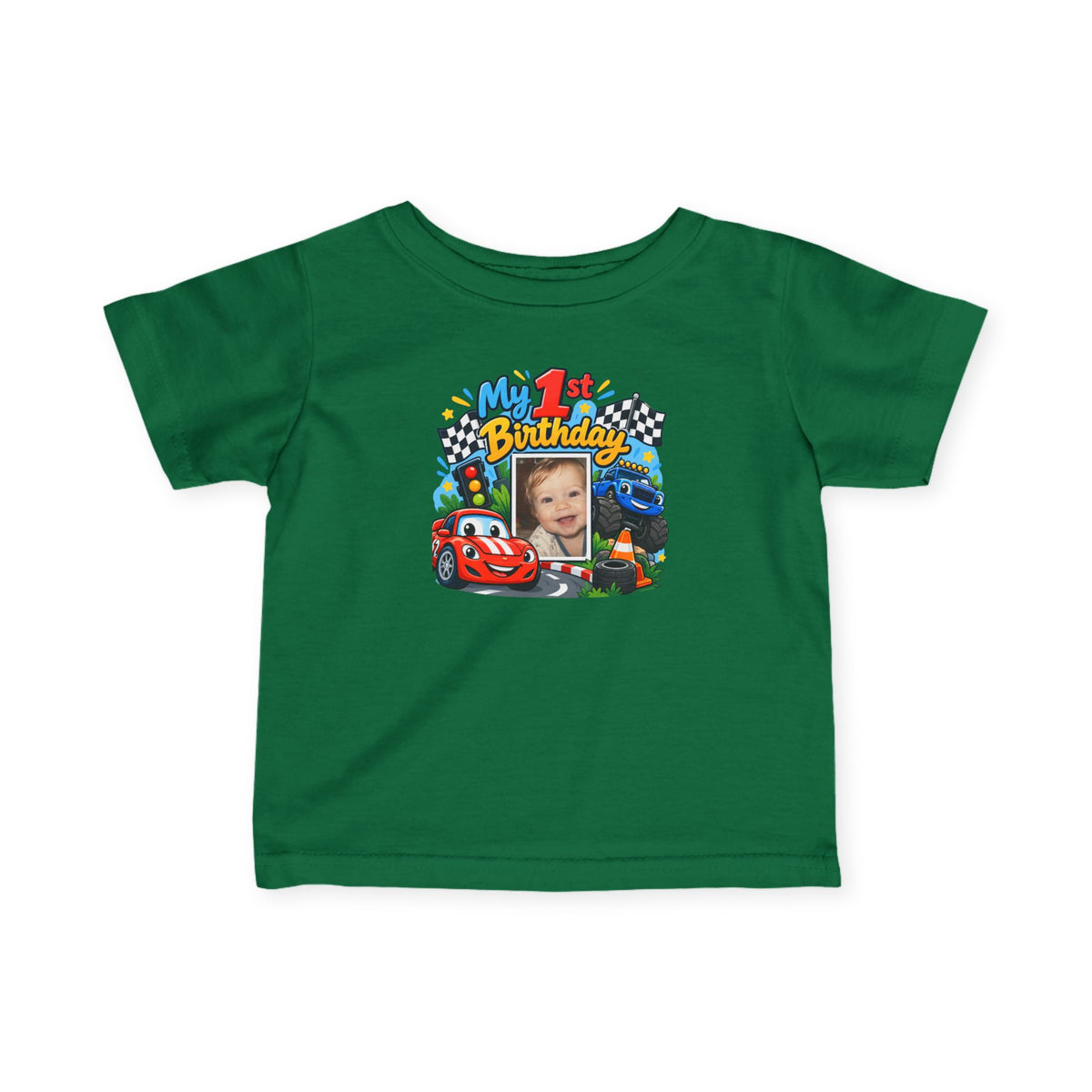 1st Birthday Photo Baby Shirt – Race Car Infant Tee | Personalized
