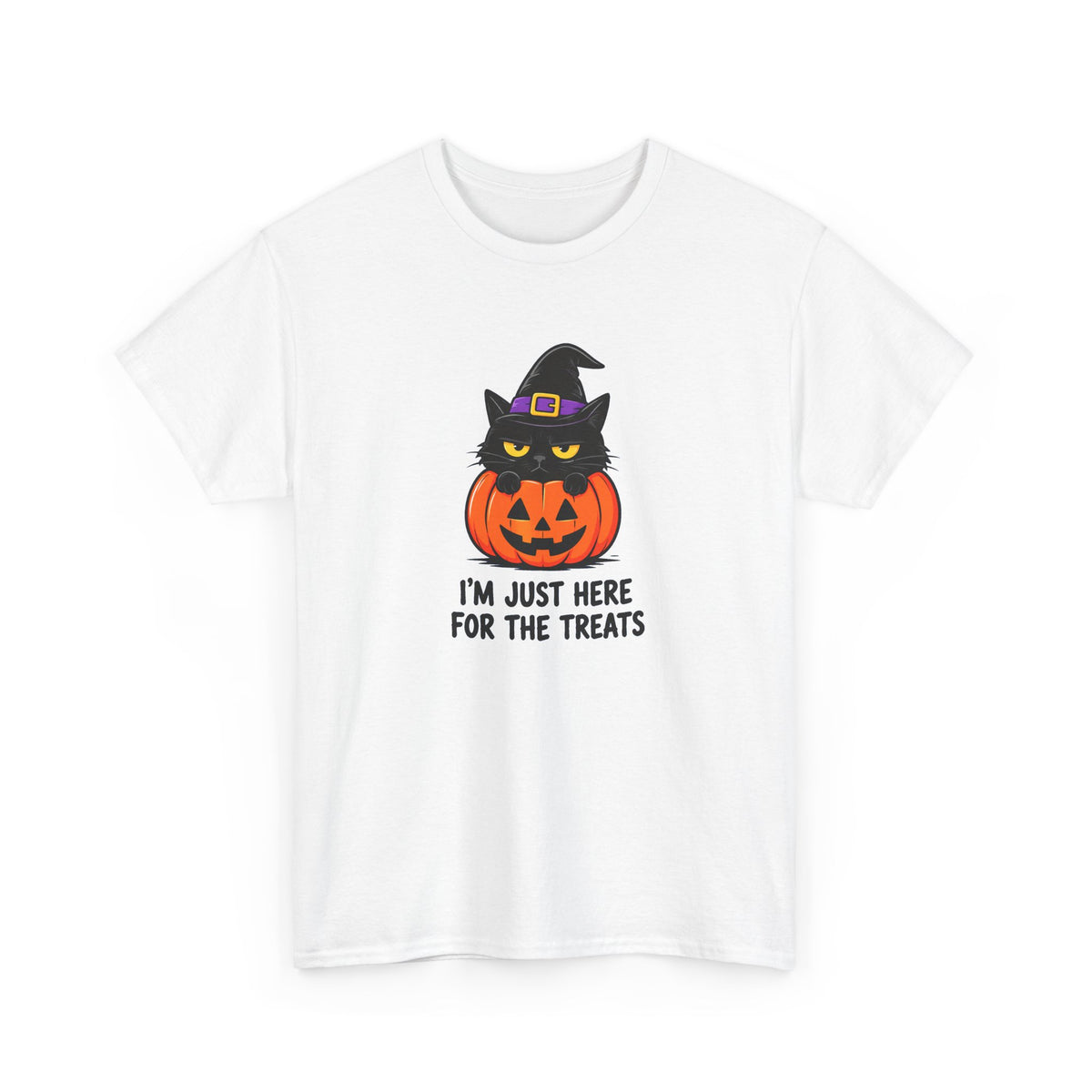 Halloween Cat T-Shirt – I’m Just Here For The Treats Pumpkin Witch Tee