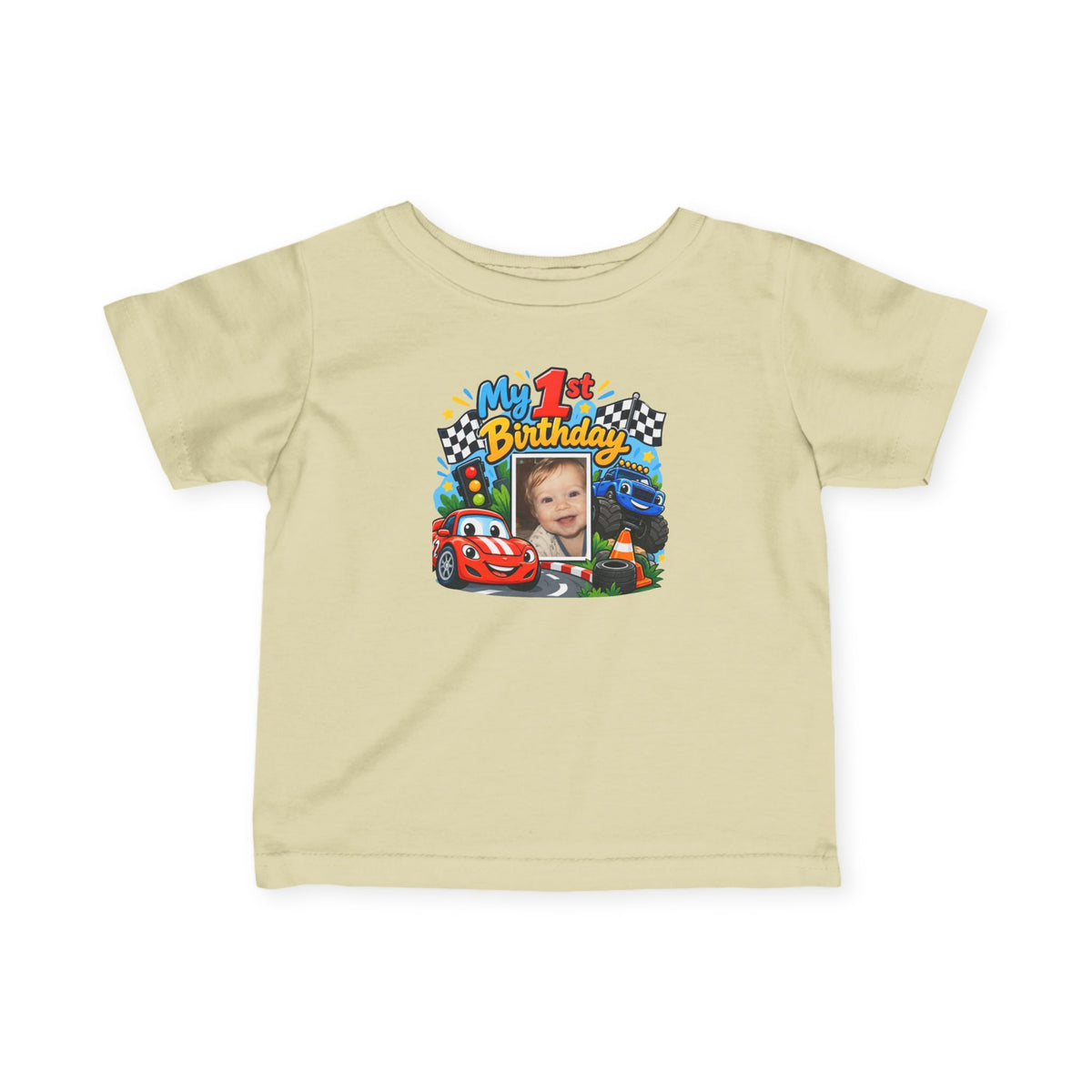 1st Birthday Photo Baby Shirt – Race Car Infant Tee | Personalized