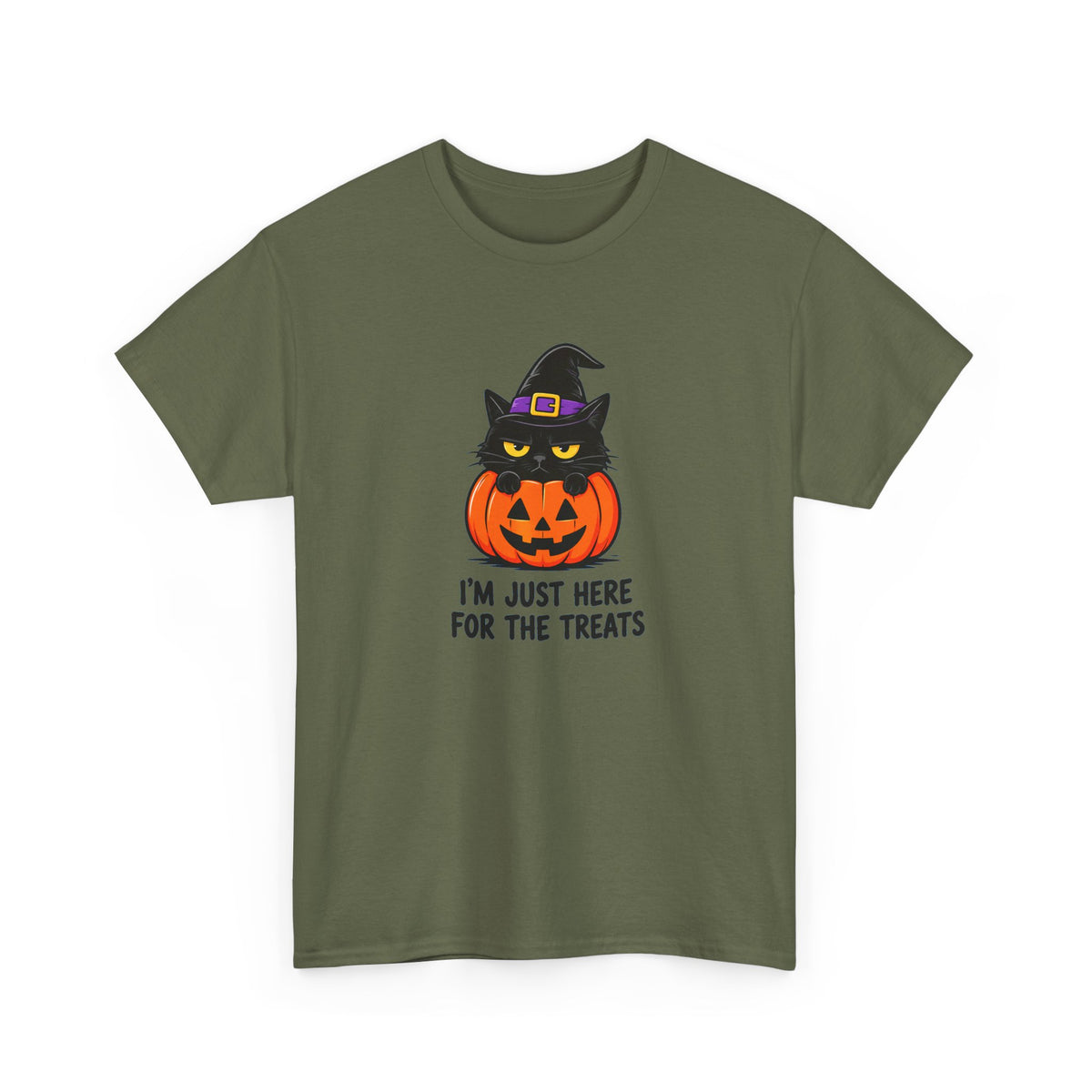 Halloween Cat T-Shirt – I’m Just Here For The Treats Pumpkin Witch Tee