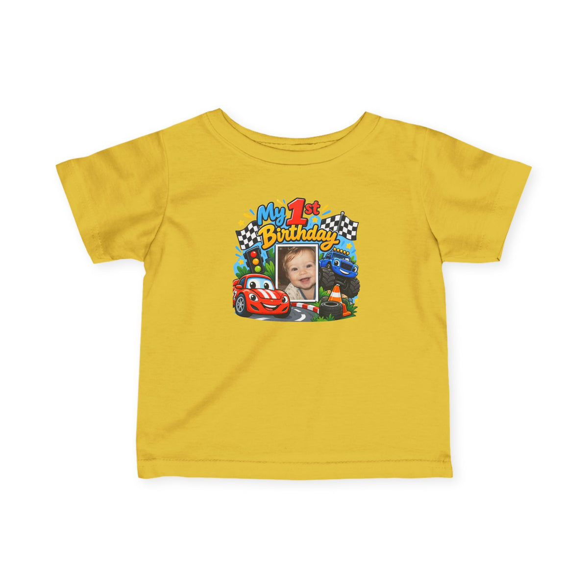 1st Birthday Photo Baby Shirt – Race Car Infant Tee | Personalized