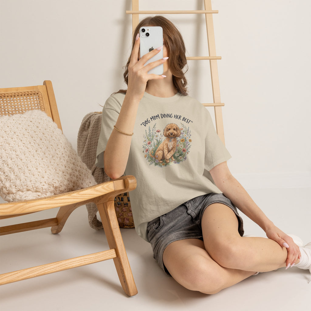 Dog Mom Tee — "Dog Mom Doing Her Best" Floral Goldendoodle Shirt