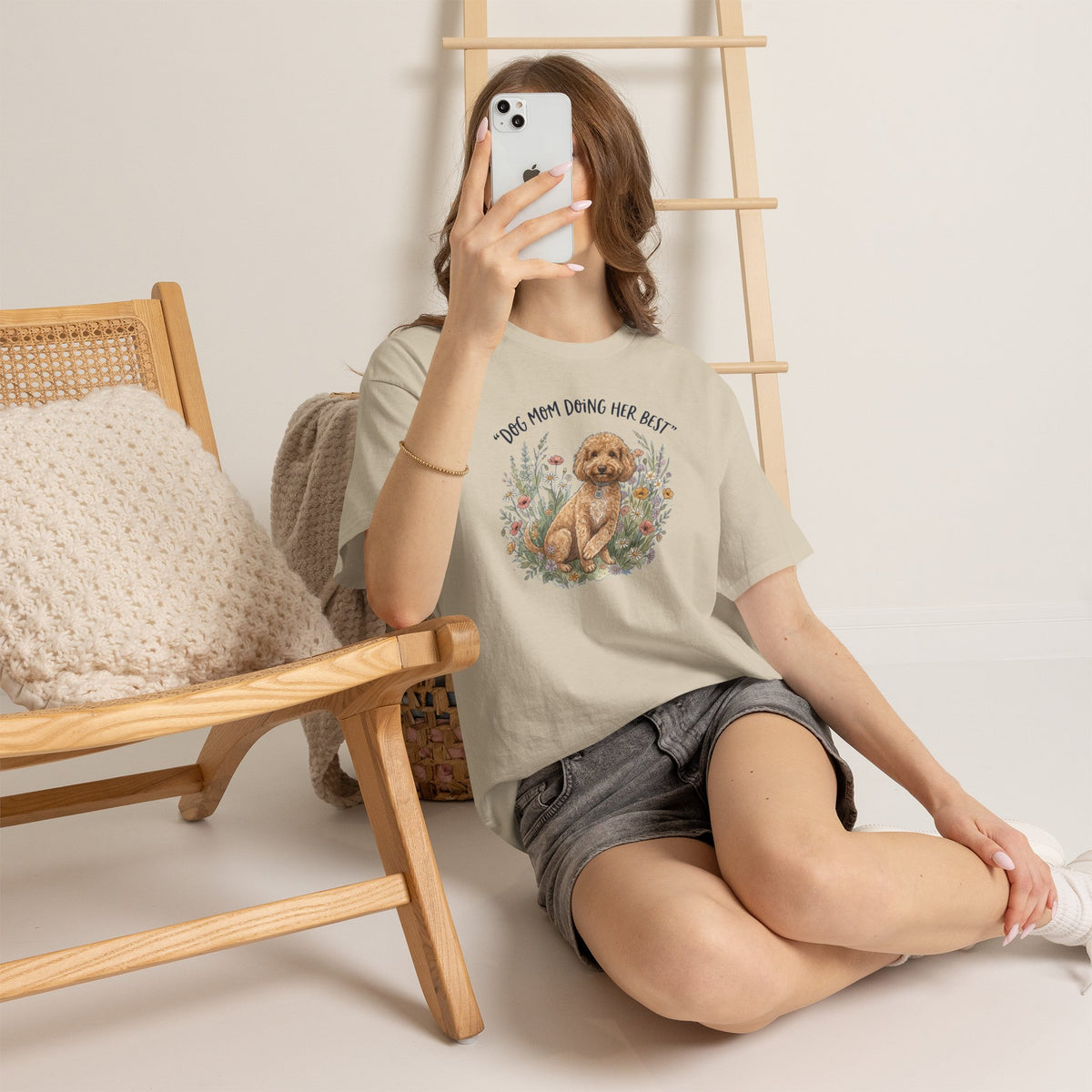 Dog Mom Tee — "Dog Mom Doing Her Best" Floral Goldendoodle Shirt