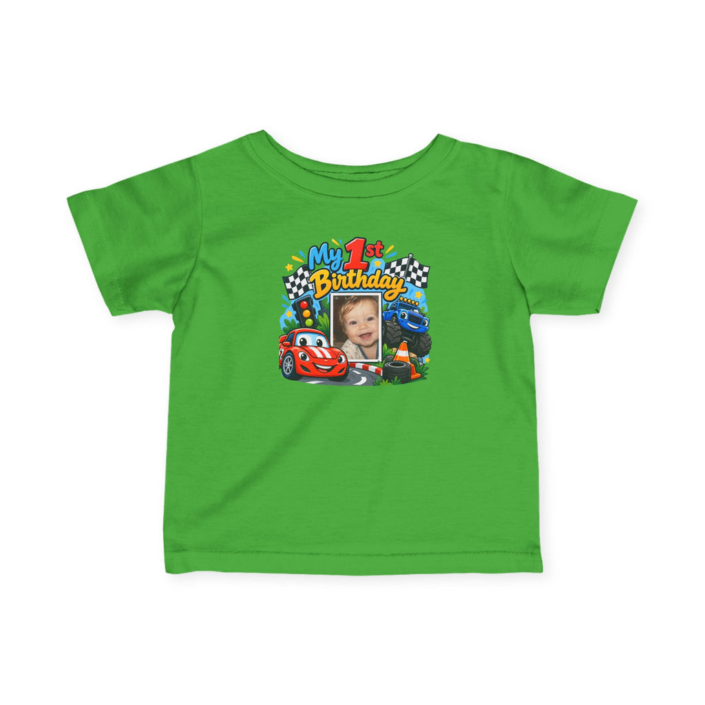 1st Birthday Photo Baby Shirt – Race Car Infant Tee | Personalized
