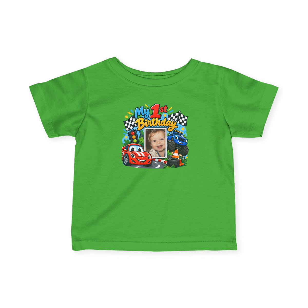 1st Birthday Photo Baby Shirt – Race Car Infant Tee | Personalized