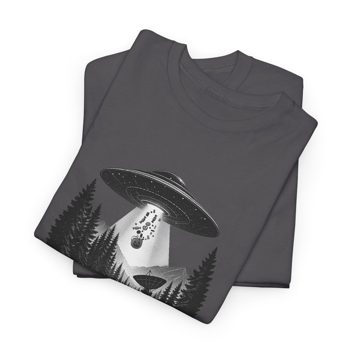 Halloween UFO T-Shirt – We’re Just Here for the Candy Alien Tee | Funny Alien Shirt