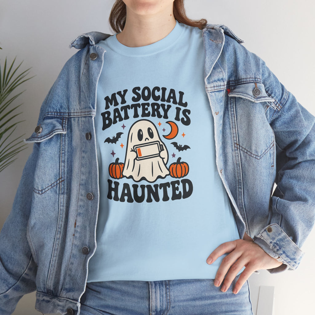 Funny Halloween T-Shirt - My Social Battery's Haunted Ghost Tee | Introvert Gift