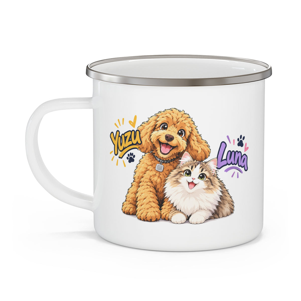Personalized Pet Enamel Mug – Custom Cartoon-Style Dog & Cat Photo Mug | 12oz
