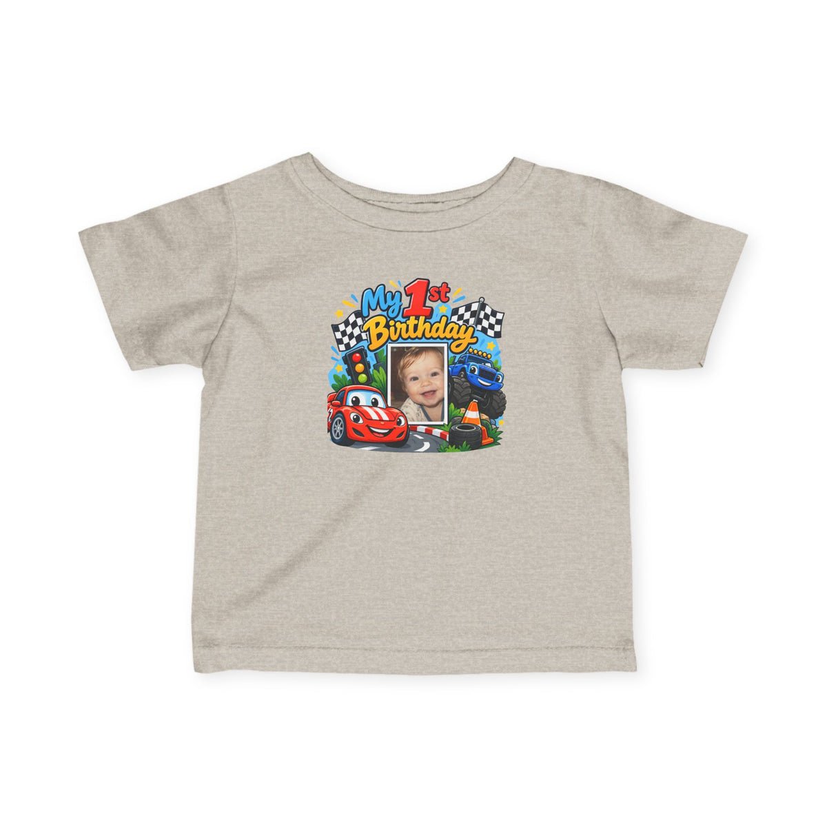 1st Birthday Photo Baby Shirt – Race Car Infant Tee | Personalized