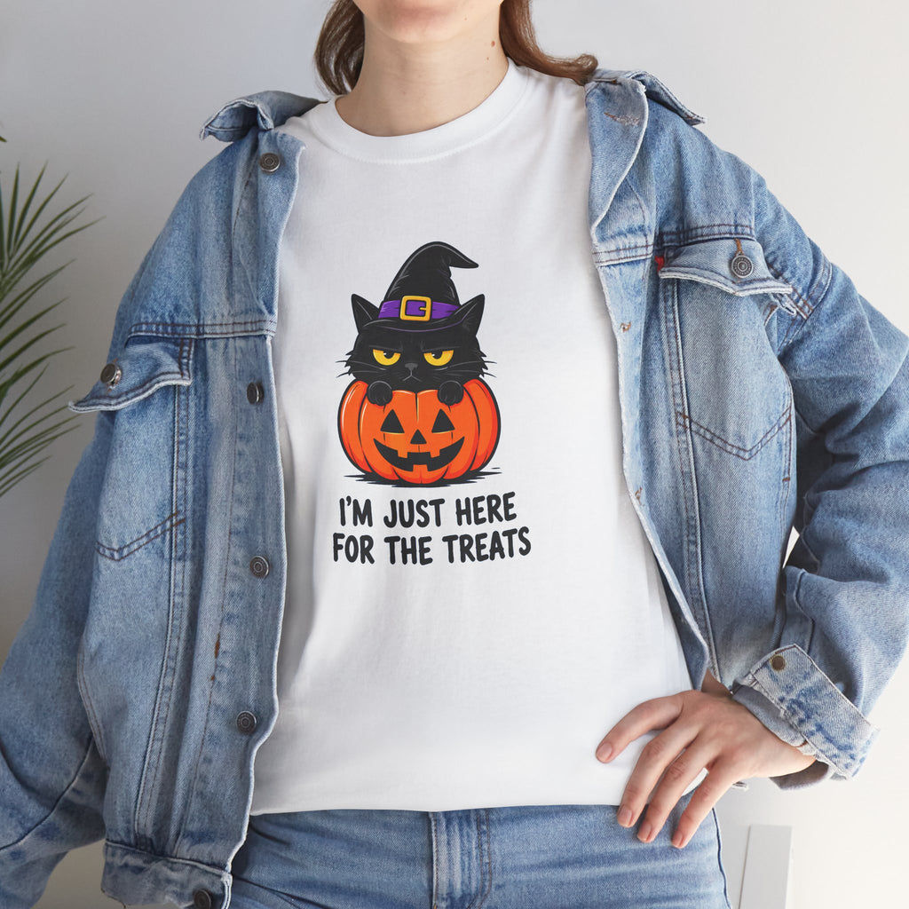 Halloween Cat T-Shirt – I’m Just Here For The Treats Pumpkin Witch Tee