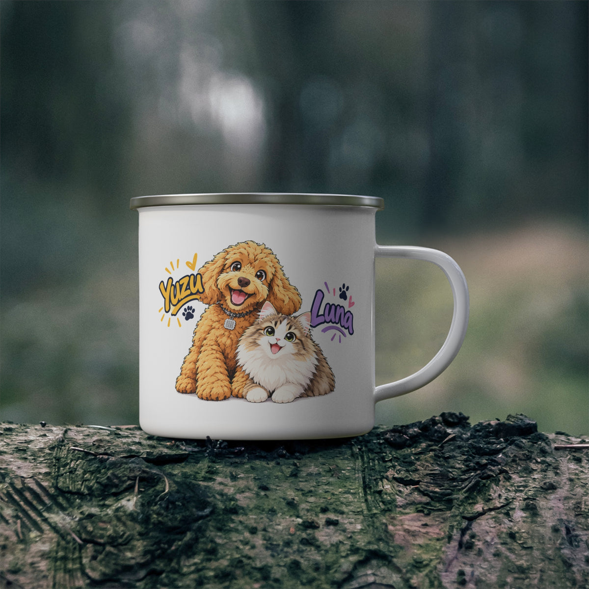 Personalized Pet Enamel Mug – Custom Cartoon-Style Dog & Cat Photo Mug | 12oz