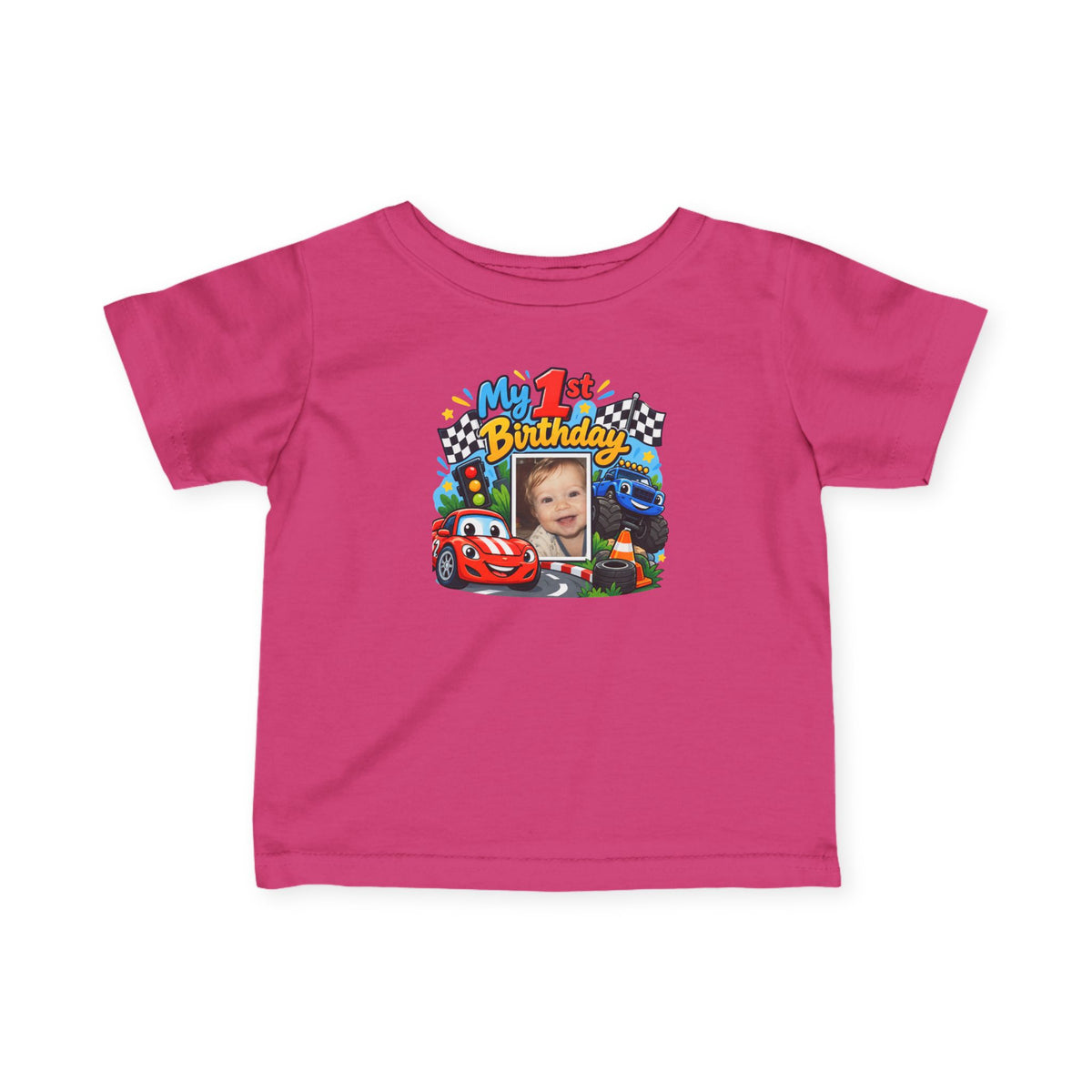 1st Birthday Photo Baby Shirt – Race Car Infant Tee | Personalized