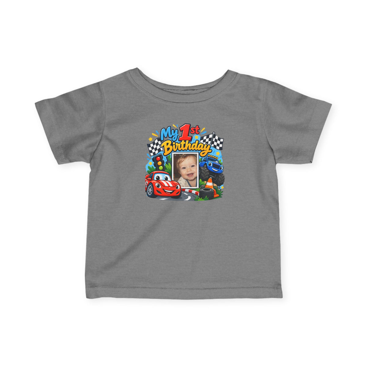 1st Birthday Photo Baby Shirt – Race Car Infant Tee | Personalized