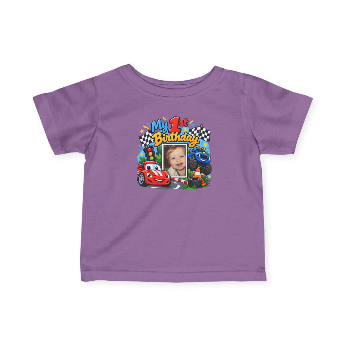 1st Birthday Photo Baby Shirt – Race Car Infant Tee | Personalized