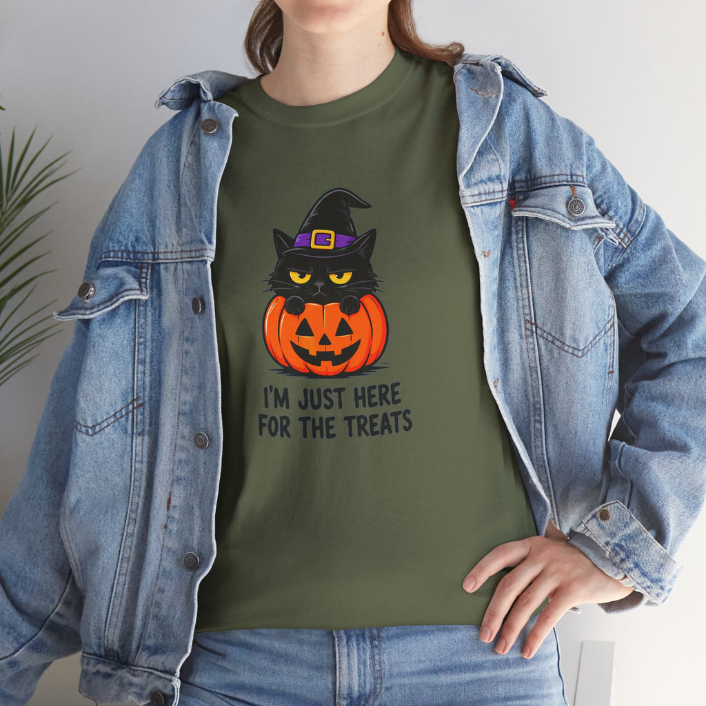 Halloween Cat T-Shirt – I’m Just Here For The Treats Pumpkin Witch Tee