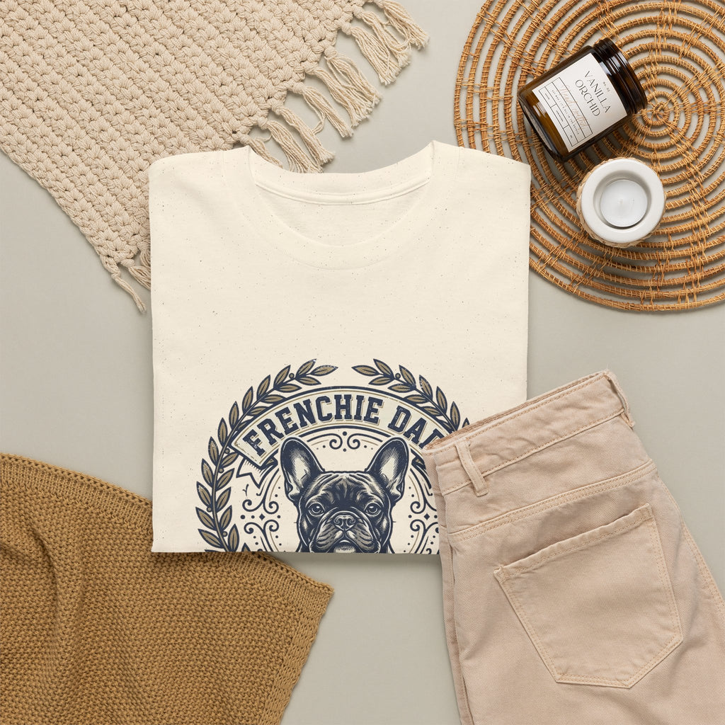 Frenchie Dad Est. 2020 T-Shirt – Vintage French Bulldog Badge Tee for Proud Dog Dads | Distressed Varsity Graphic Shirt