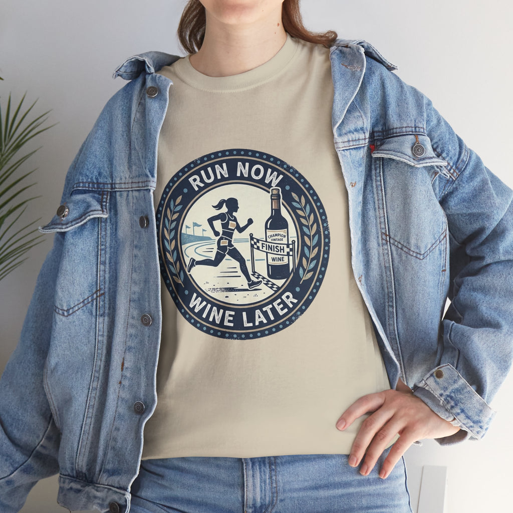 Run Now Wine Later T-Shirt — Funny Runner Wine Shirt for Runners & Wine Lovers