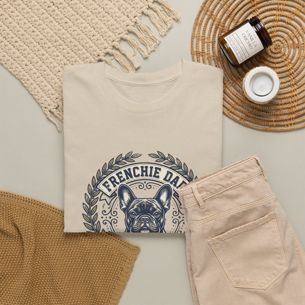Frenchie Dad Est. 2020 T-Shirt – Vintage French Bulldog Badge Tee for Proud Dog Dads | Distressed Varsity Graphic Shirt