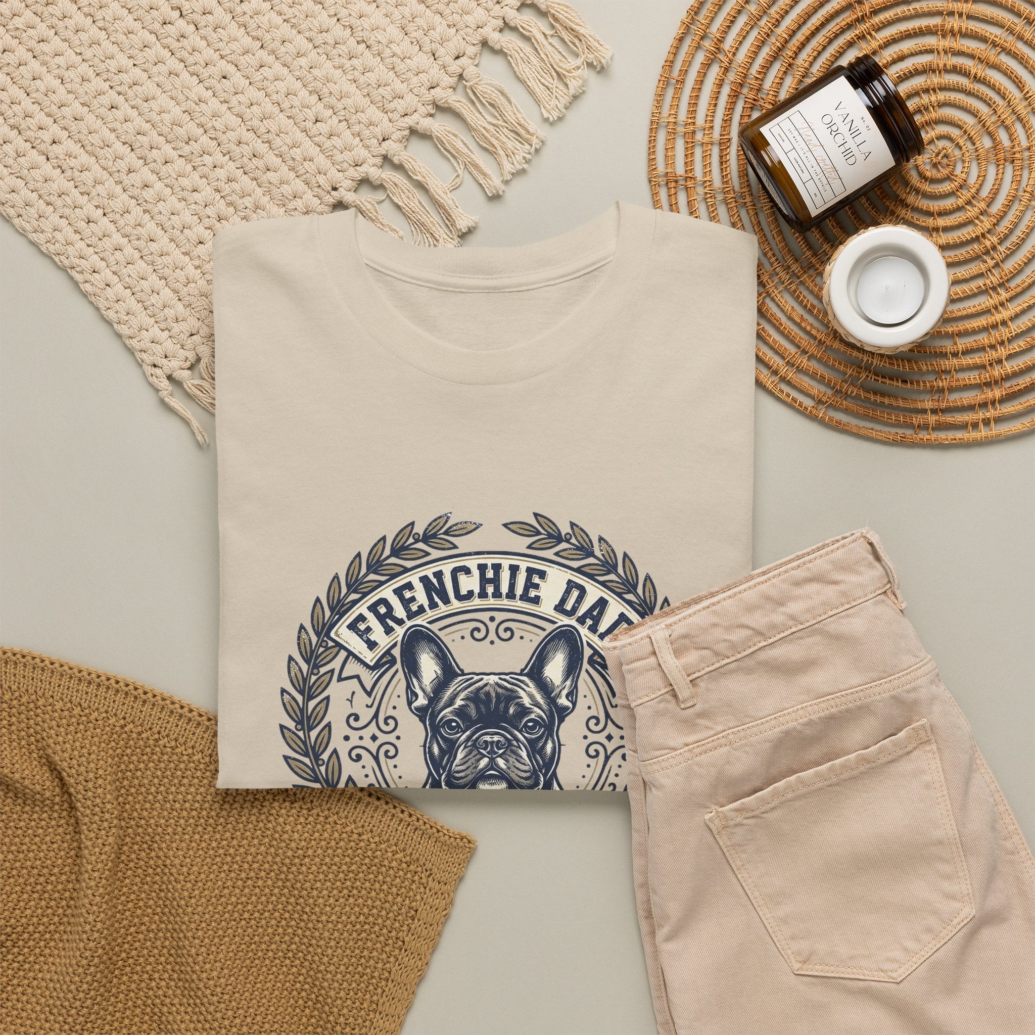 Frenchie Dad Est. 2020 T-Shirt – Vintage French Bulldog Badge Tee for Proud Dog Dads | Distressed Varsity Graphic Shirt