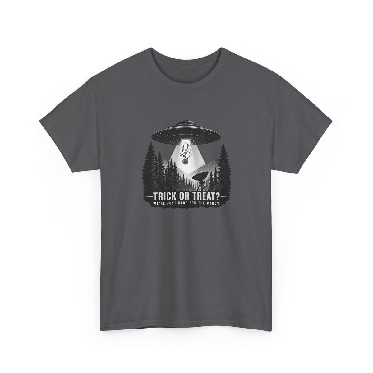 Halloween UFO T-Shirt – We’re Just Here for the Candy Alien Tee | Funny Alien Shirt