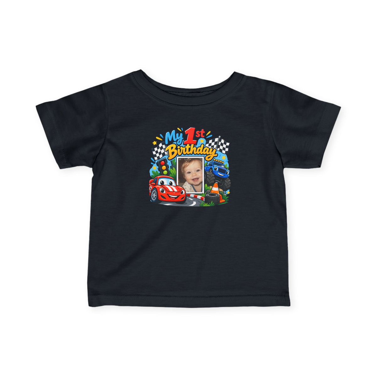 1st Birthday Photo Baby Shirt – Race Car Infant Tee | Personalized