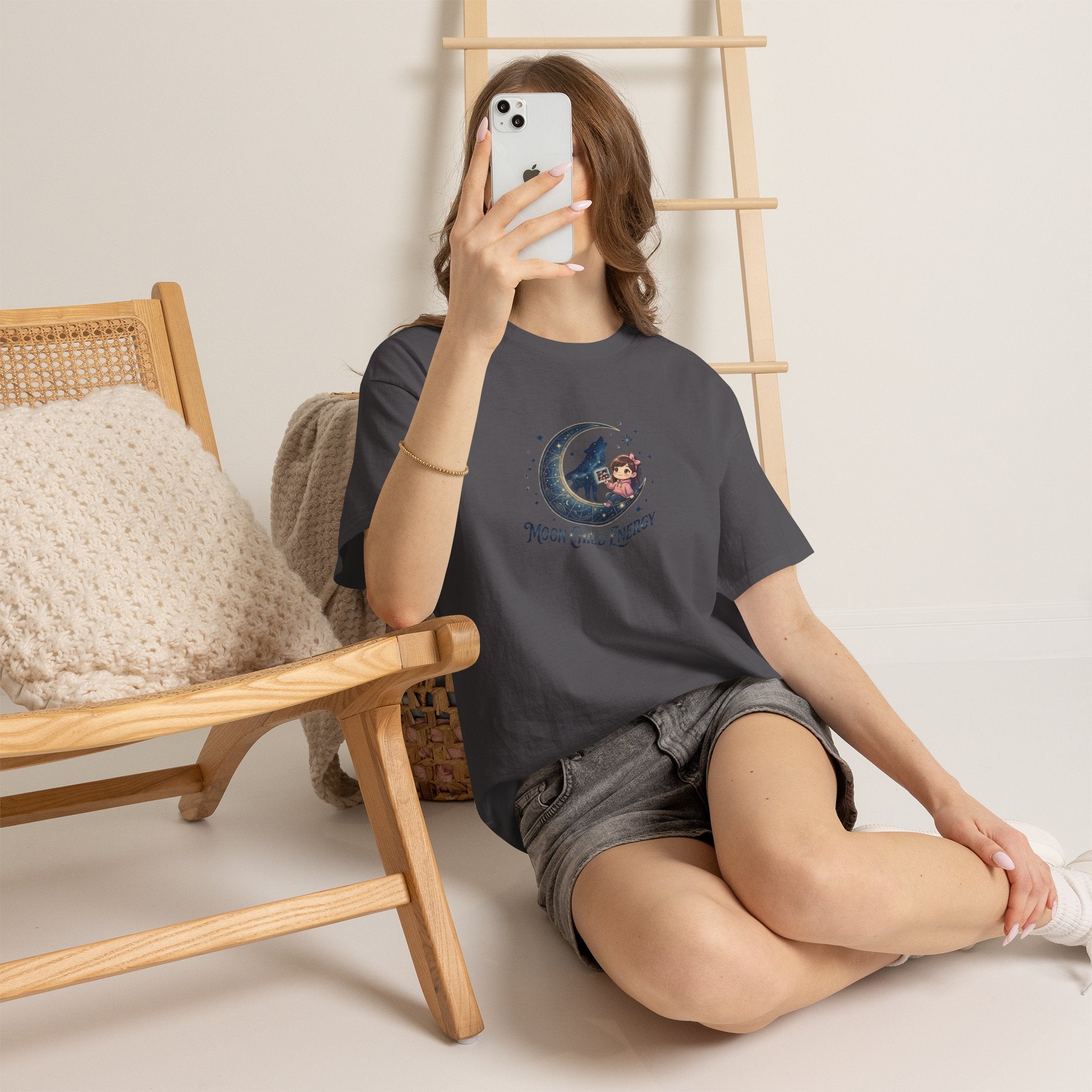 Moon Child Energy T-Shirt — Cute Wolf & Moon Graphic Tee