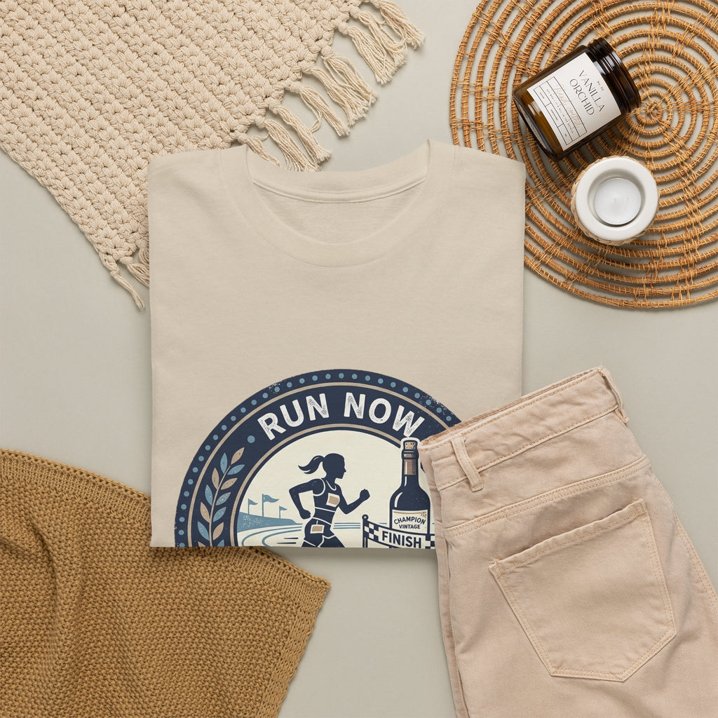 Run Now Wine Later T-Shirt — Funny Runner Wine Shirt for Runners & Wine Lovers