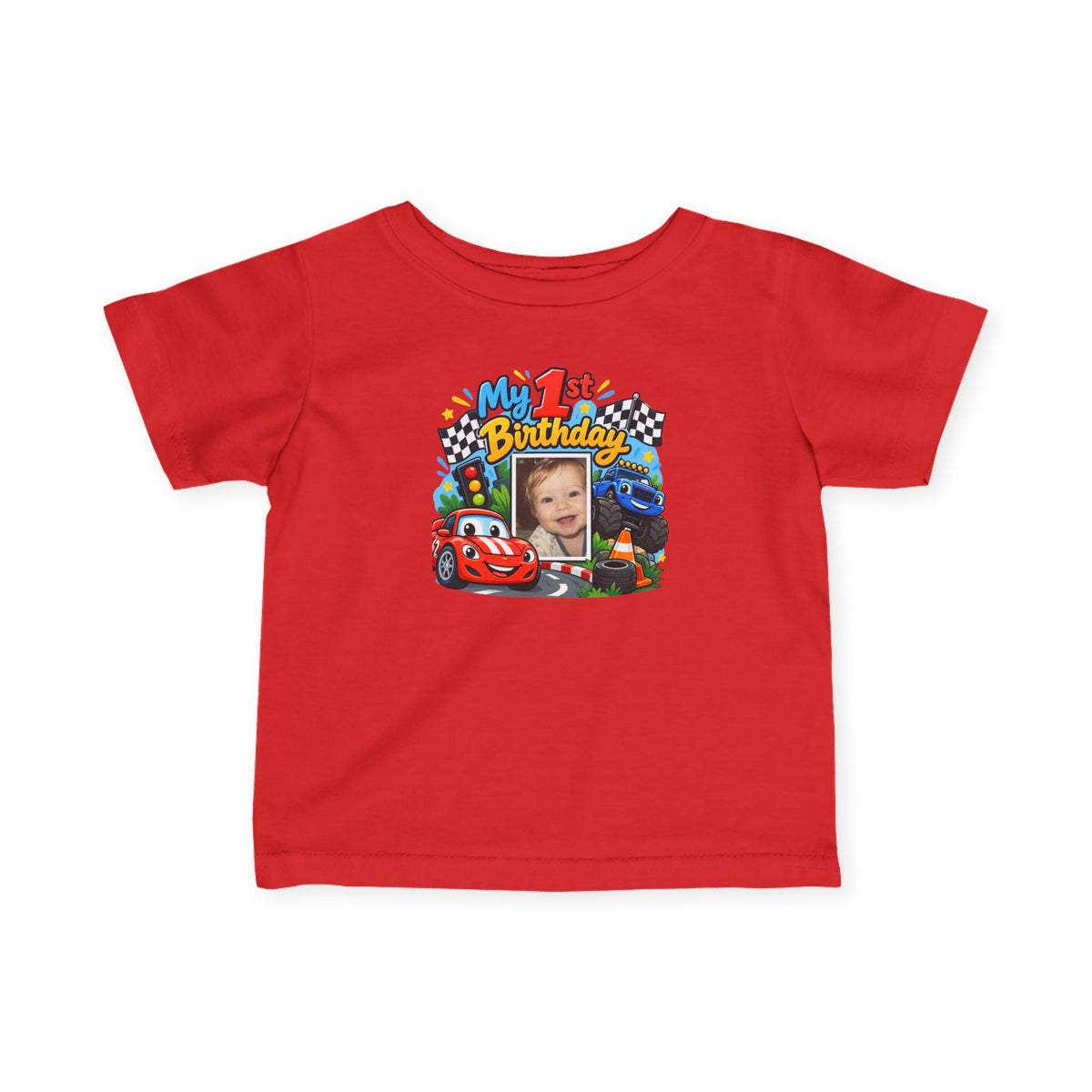 1st Birthday Photo Baby Shirt – Race Car Infant Tee | Personalized