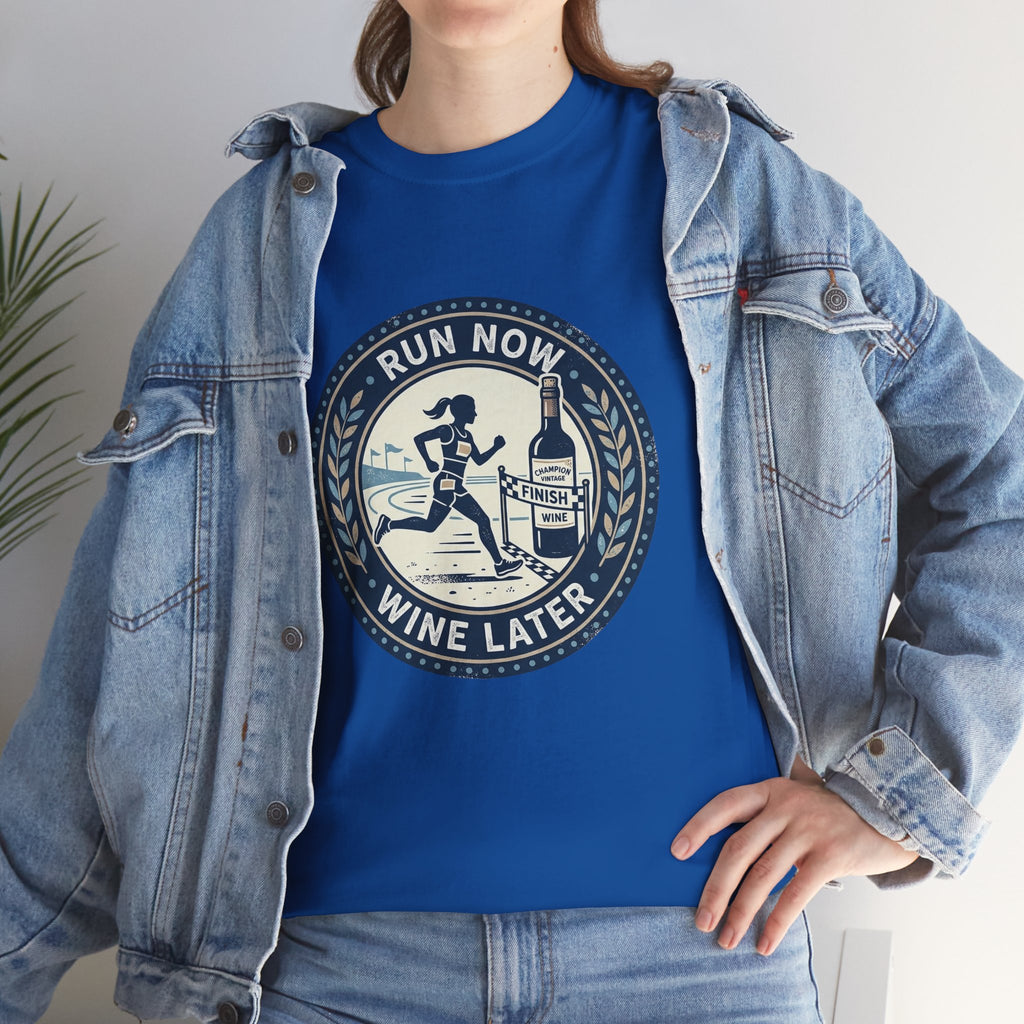 Run Now Wine Later T-Shirt — Funny Runner Wine Shirt for Runners & Wine Lovers