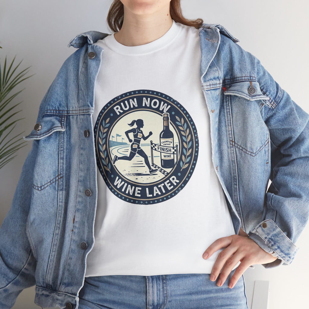 Run Now Wine Later T-Shirt — Funny Runner Wine Shirt for Runners & Wine Lovers