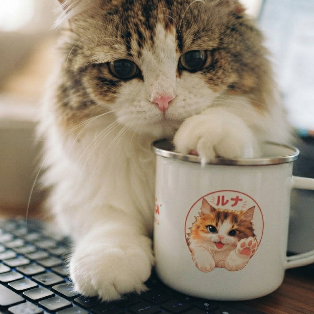 Luna Munchkin Cat Enamel Mug – Cute Cat Camping Cup | Luna Cat Merch