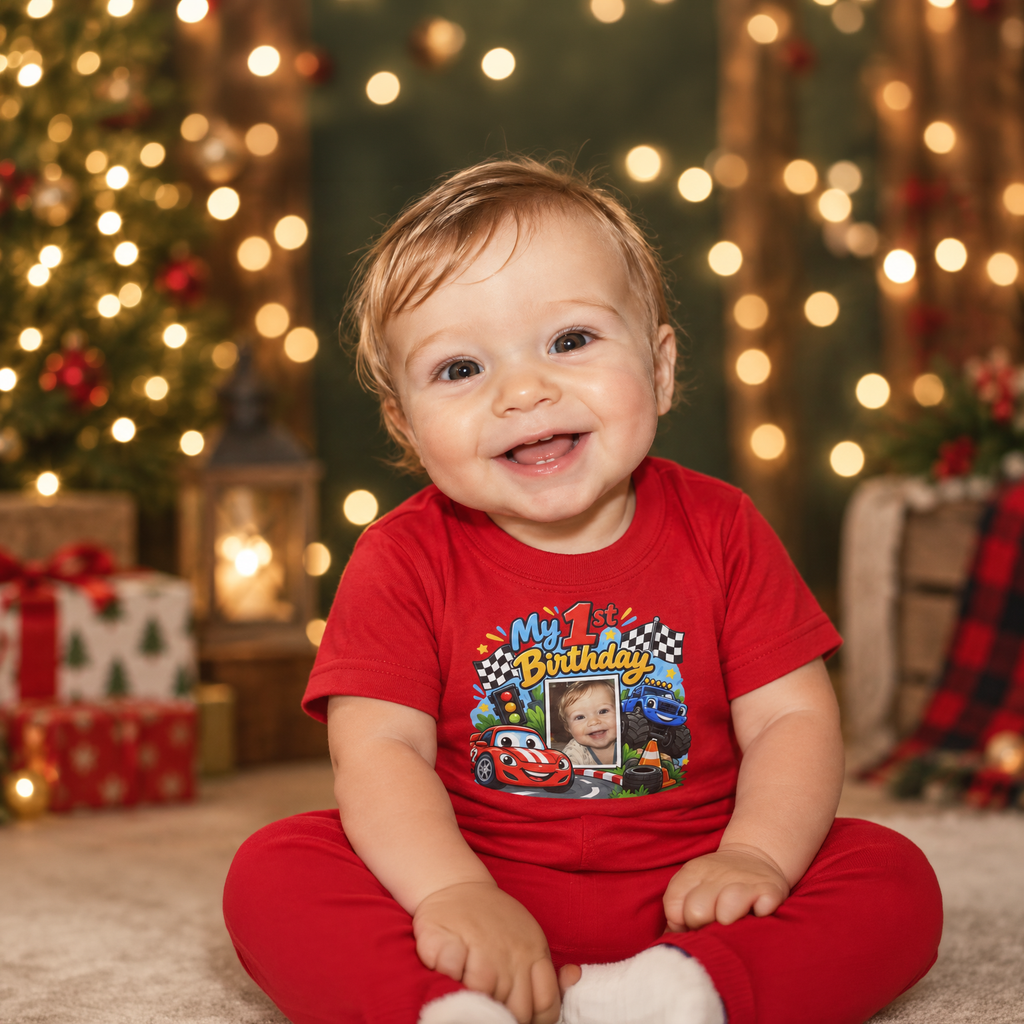 1st Birthday Photo Baby Shirt – Race Car Infant Tee | Personalized