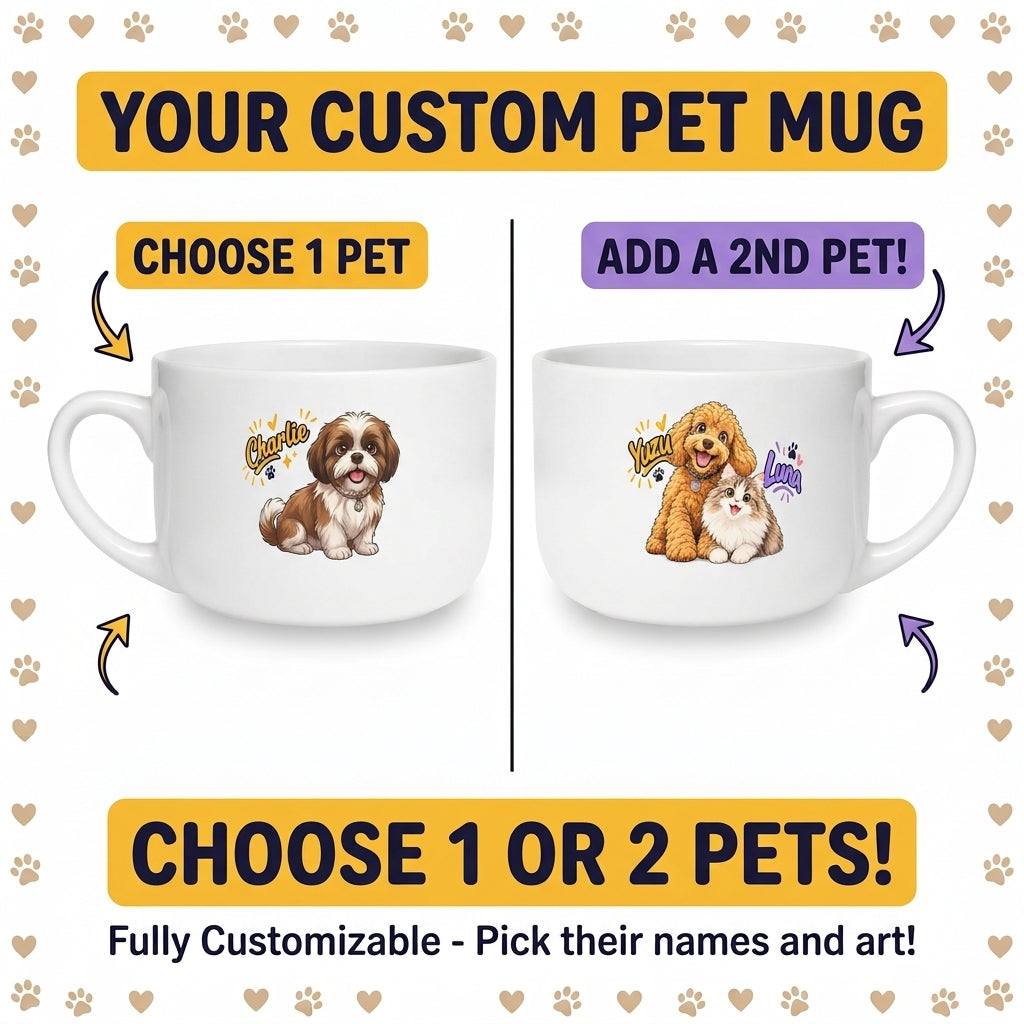 Personalized Pet Mug - Custom Dog & Cat Illustration | 25oz Ceramic Latte Cup (1 or 2 pets)