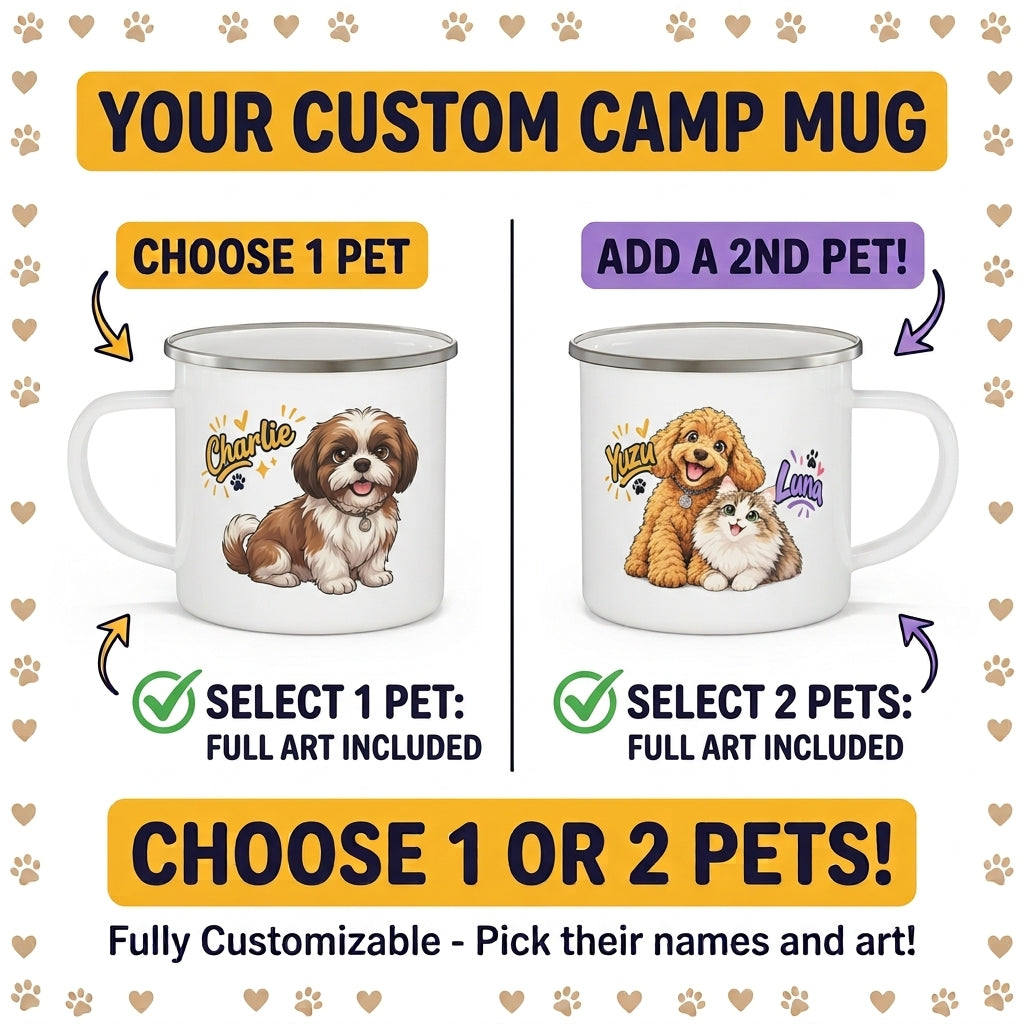 Personalized Pet Enamel Mug – Custom Cartoon-Style Dog & Cat Photo Mug | 12oz