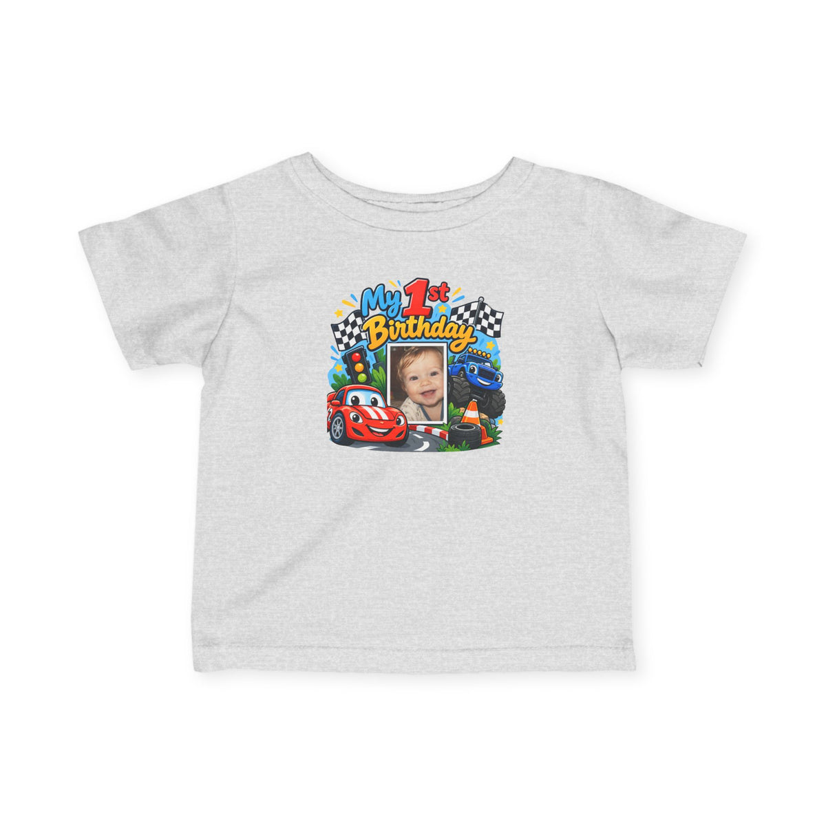 1st Birthday Photo Baby Shirt – Race Car Infant Tee | Personalized
