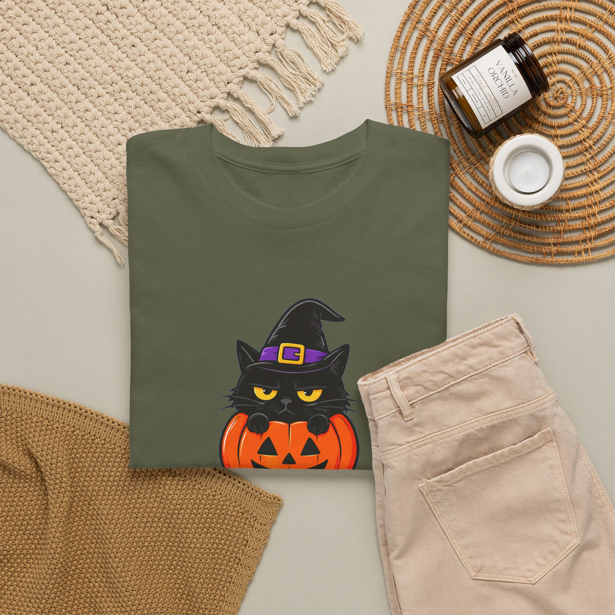 Halloween Cat T-Shirt – I’m Just Here For The Treats Pumpkin Witch Tee