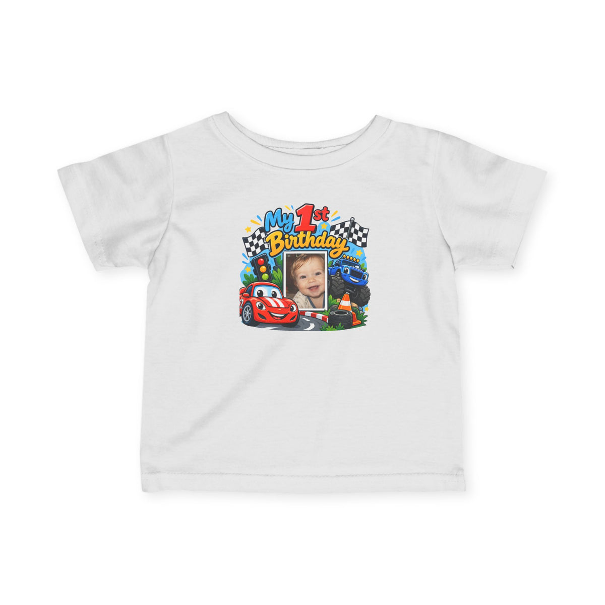 1st Birthday Photo Baby Shirt – Race Car Infant Tee | Personalized