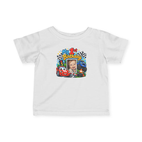 1st Birthday Photo Baby Shirt – Race Car Infant Tee | Personalized