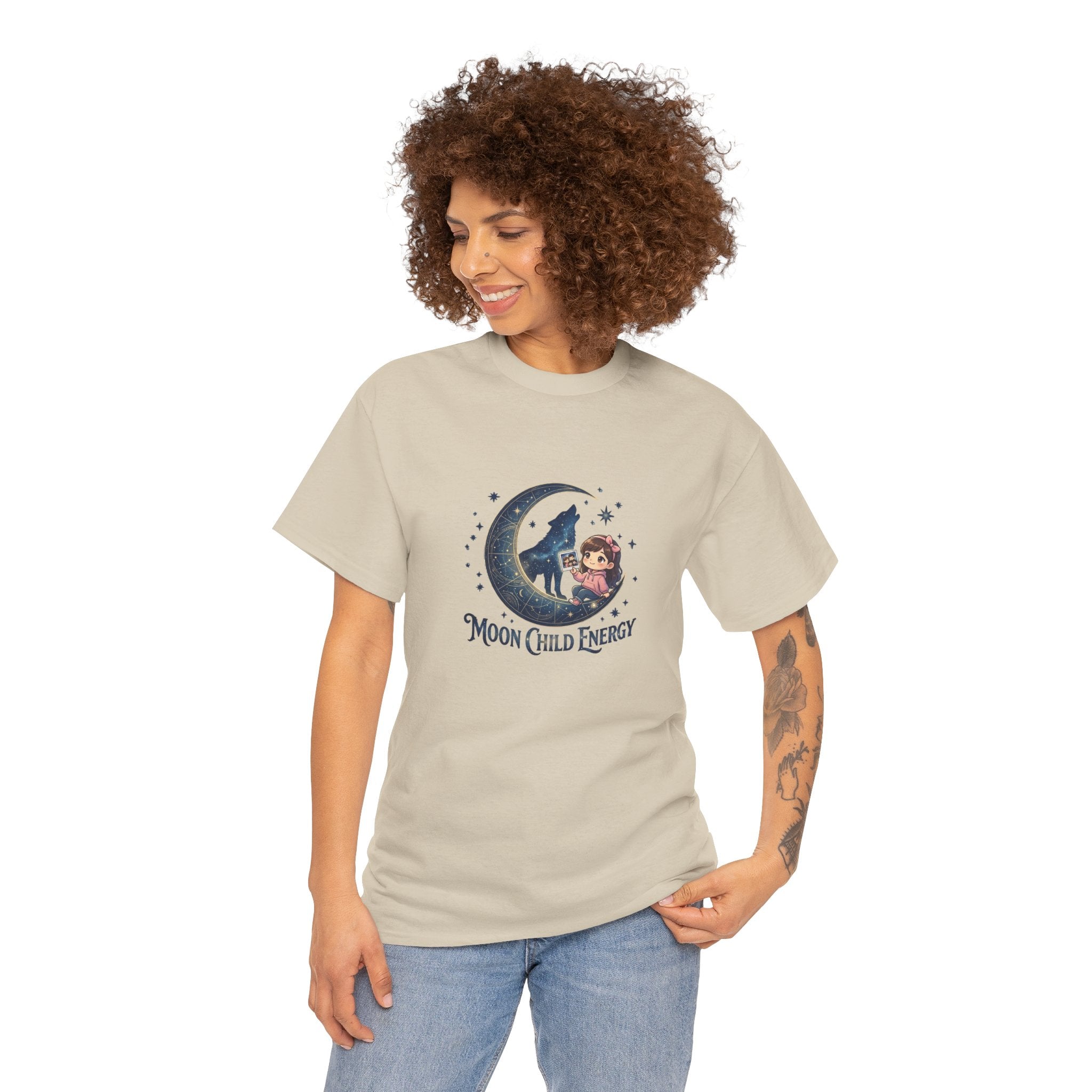 Moon Child Energy T-Shirt — Cute Wolf & Moon Graphic Tee