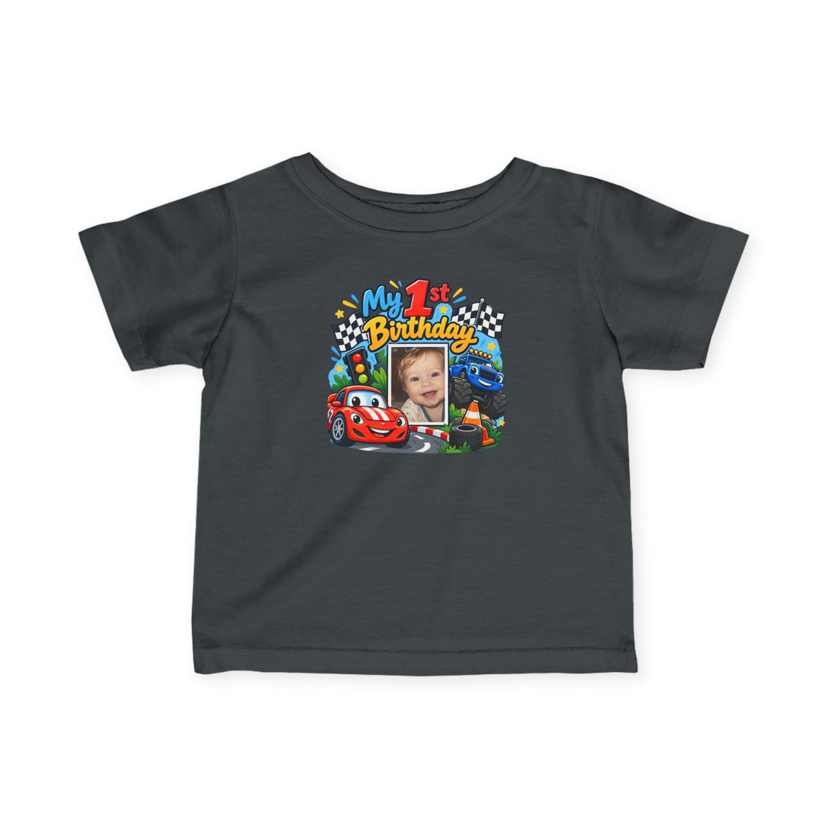 1st Birthday Photo Baby Shirt – Race Car Infant Tee | Personalized