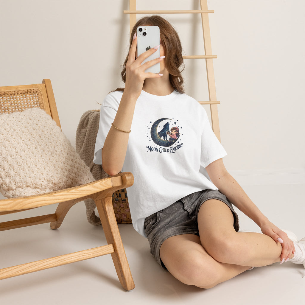 Moon Child Energy T-Shirt — Cute Wolf & Moon Graphic Tee